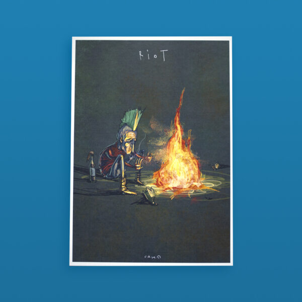 Poster in cui è rappresentato un uomo che si scalda davanti al fuoco con una bottiglia di vino
