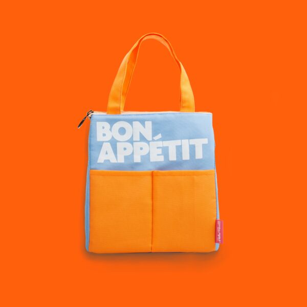 borsa da pranzo arancio e celeste con scritta bon appetit di helio ferretti