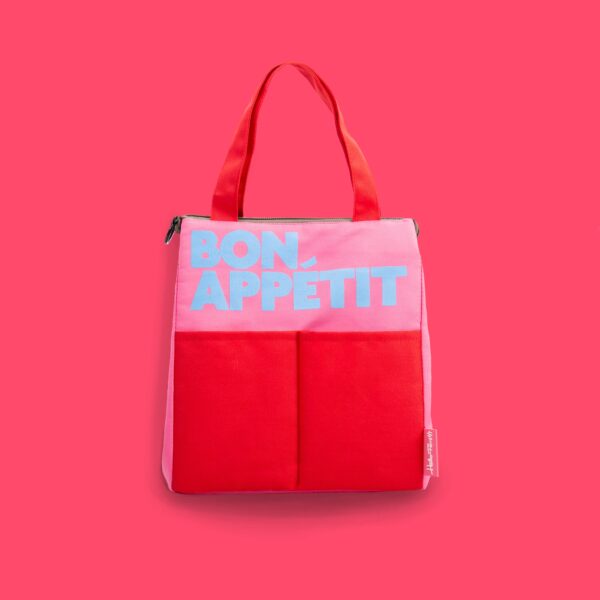 borsa pranzo termica con maniglia, colore rosa e rosso, scritta bon appetit, helio ferretti