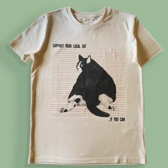 “Support your local cat if you can” Black Cat T-Shirt – Marisa Ventura