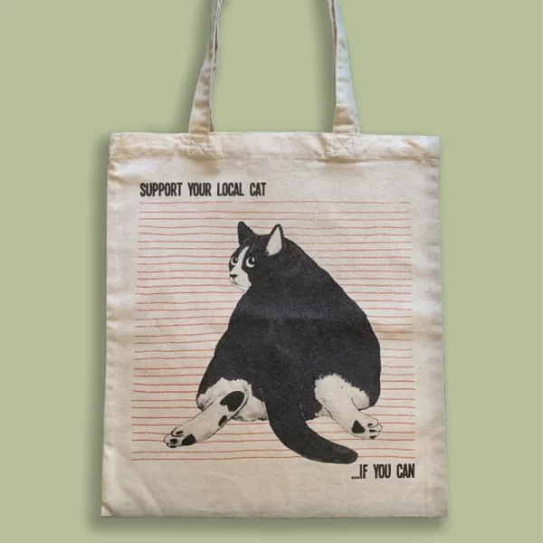 "Support your local cat if you can" Black Cat Tote Bag - Marisa Ventura