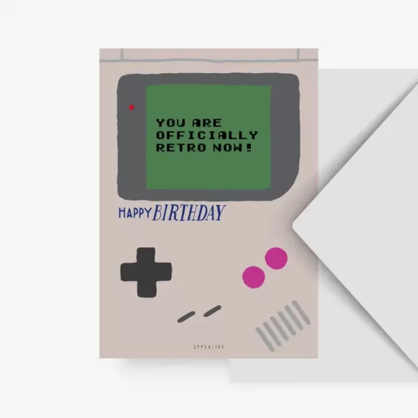 cartolina retro con joystick vintage e happy birthday