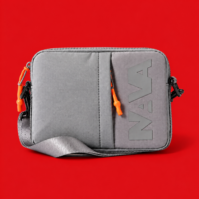 POUCH CON TASCA FRONTALE VERTICALE E TRACOLLA GRIGIO ROSSO 2